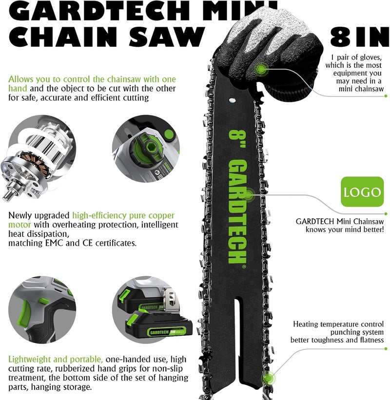 GARDTEC Mini Chainsaw Cordless 8 Inch - Portable Electric Chainsaw Cordless Battery Powered, Handheld Small Chain Saw with 2-side Security Lock [Southpaws Friendly] for Wood Cutting, Pruning Branches - Image 4